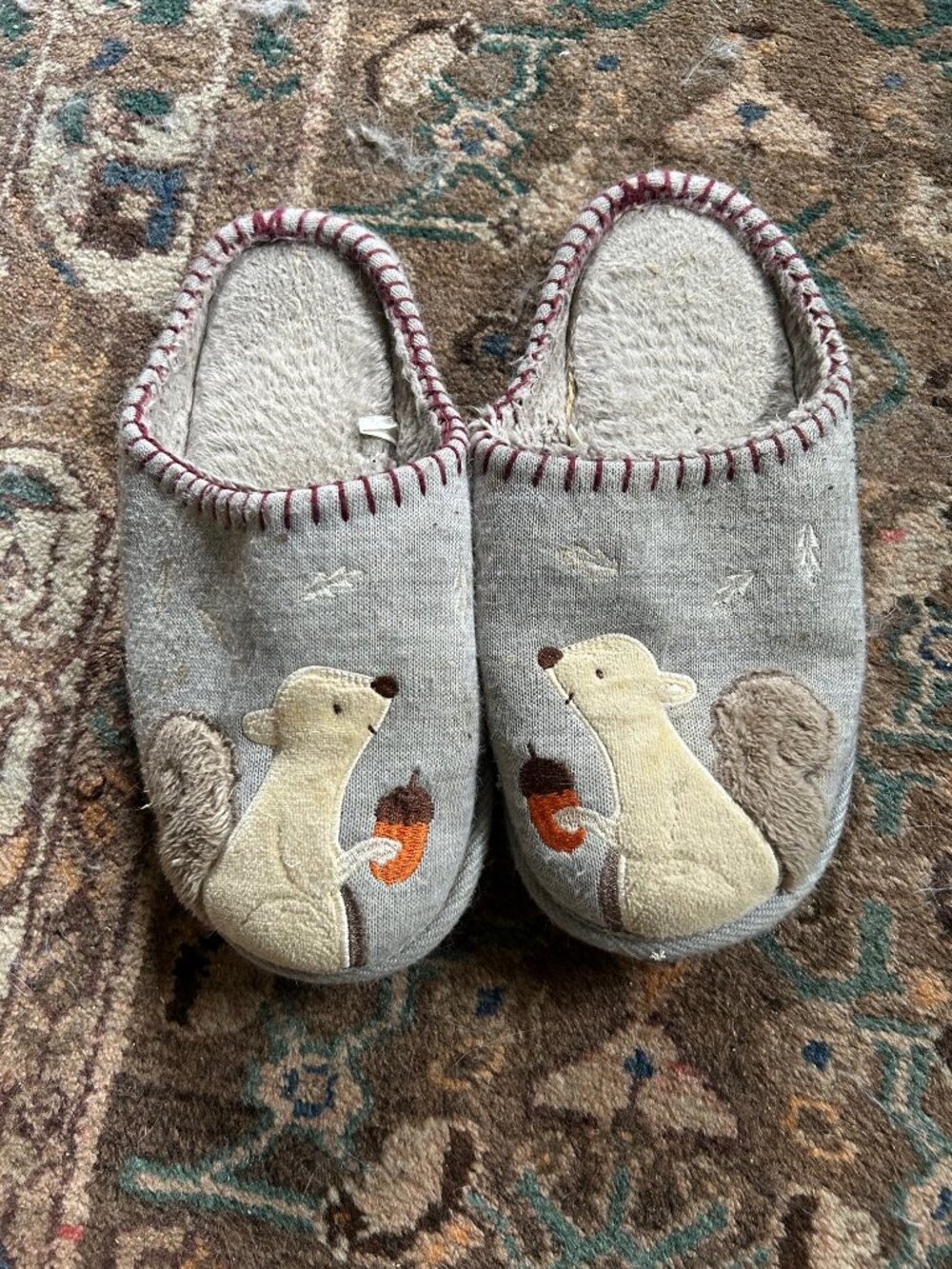 Well worn adorable squirrel and acorn slippers women's size 9